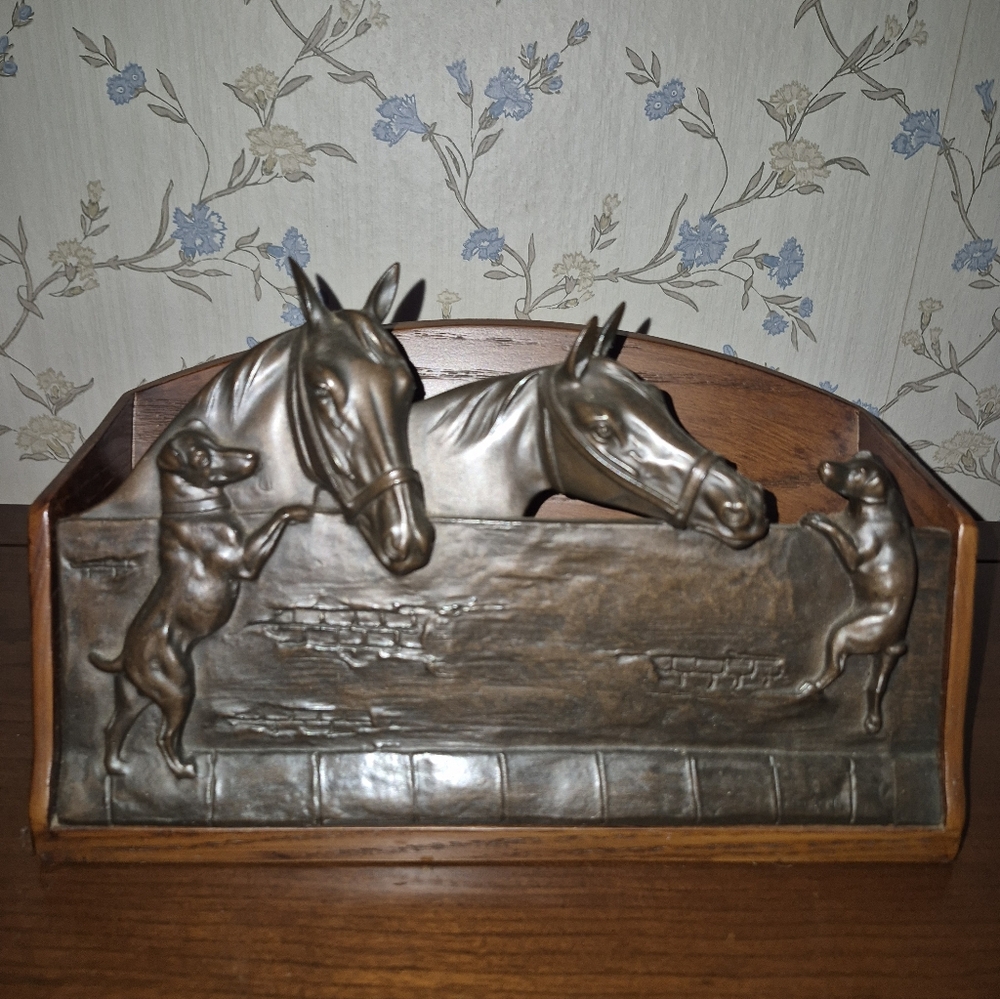 Decorative Bronze-Tone Horse & Dogs Desk Organizer